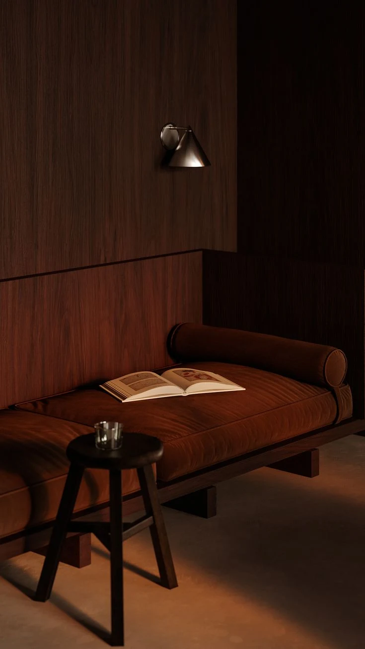 A warm wood-paneled sitting room with a velvet daybed, an open book and a side table